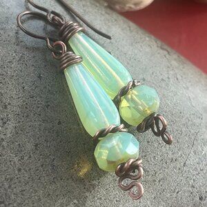 Elegant Tea Green Opalite Dangle Earrings, Wire Wrapped Drop Earrings